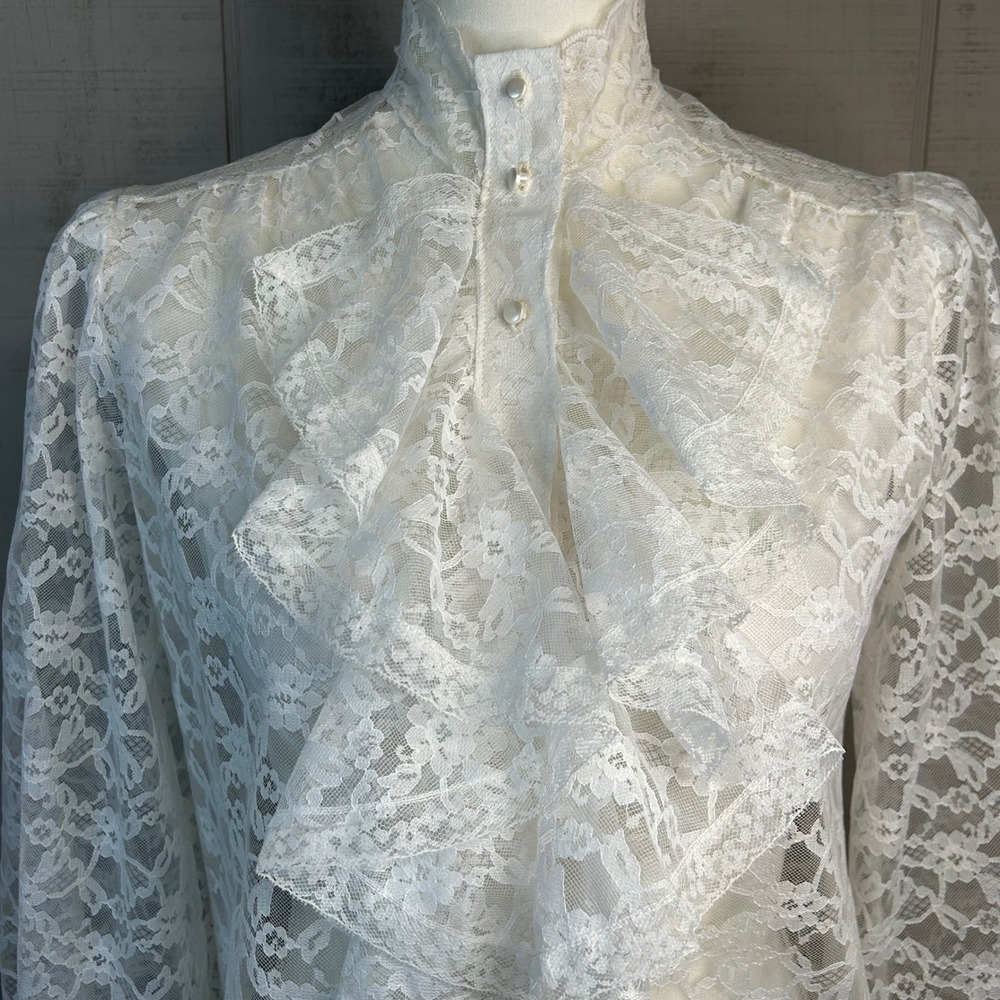 Alice Stuart Vintage Floral Lace Poet Top Ruffle Sz 10 Ivory Edwardian - Picture 3 of 10